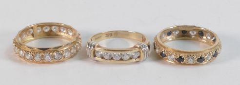 3 x hallmarked 9ct gold eternity rings - 2 x full eternity sizes M/N & N, partial eternity size M,