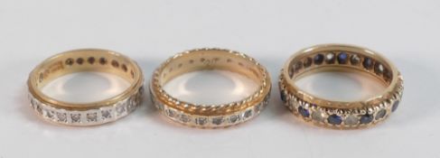 3 x hallmarked 9ct gold eternity rings - 2 set diamonds sizes L & M, blue & white sapphire set
