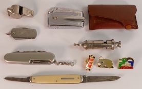 A collection of items including penknives, football whistles, lighter, badges etc (9)
