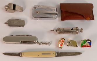 A collection of items including penknives, football whistles, lighter, badges etc (9)