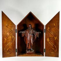 Large cased wooden figure of Christ, with scrolled inscription of doors "Cor Jesu sacratissimum,