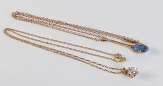 Two 9ct gold neck chains with gemstone pendants, both chains 43cm long, gross weight 8.2g (2)