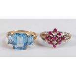 9ct gold & blue Topaz or similar ring size P, together with 9ct ruby & diamond ring size P, both