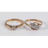 9ct gold diamond solitaire ring, together with 9ct 3 stone ring set 3 poor quality white stones,