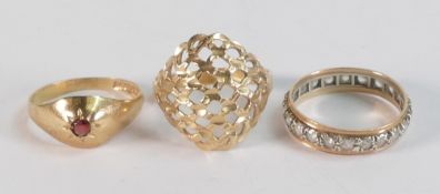 3 x gold rings - all gold ring 14k size N, 9ct red stone M & 9ct eternity with white stones O, gross