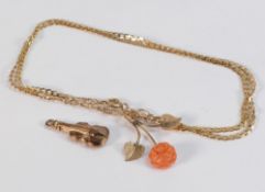 9ct gold and coral pendant, with 45cm 9ct gold chain, together with small 9ct hallmarked violin