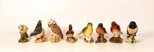 Beswick Small Birds to include Blue Tit 992, Wren 993, Small Barn Owl, Nut hatch 2413, Green Finch