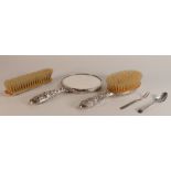Ornate Silver ladies brush set comprising mirror and 2 brushes, Norwegian Silver fork and silver