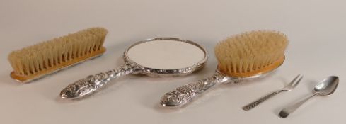 Ornate Silver ladies brush set comprising mirror and 2 brushes, Norwegian Silver fork and silver