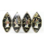 Four Oval Lacquered Oriental Theme Panels, each 62.5cm height