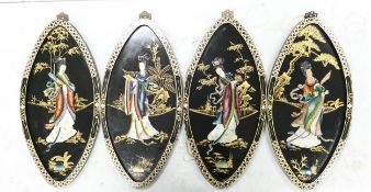 Four Oval Lacquered Oriental Theme Panels, each 62.5cm height