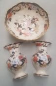Masons blue mandalay pattern items to include large footed fruit bowl and a pair of vase shaped wall