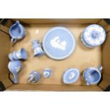 Wedgwood Blue Jasperware vase, lidded boxes bell, jug etc