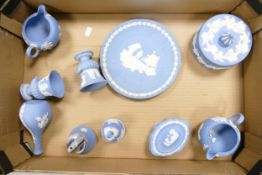 Wedgwood Blue Jasperware vase, lidded boxes bell, jug etc