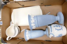 A collection of Wedgwood Queensware items to including vases, jug, sandwich tray, commemorative