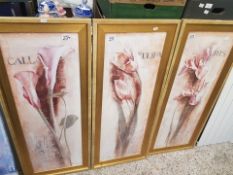 A group of 3 framed prints depicting lilys, tulips and irises all measuring 110cm H x 46cm W