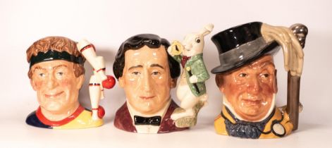 Royal Doulton large character jugs Lewis Carroll D7096, The Juggler D6835 & Mr Micawber D7040 (