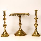 Brass Candlesticks & similar kettle stand, tallest 29cm(3)