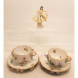 2 Meissen cabinet cup and saucer sets on stilts together with small Dresden lace figure.