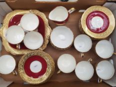 Aynsley burgundy and gold gilt tea ware items to include 9 cups (1 a/f) 11 saucers, 12 side