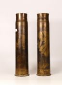 A Pair of Brass Trench Art Vases with hammered floral decoration fashioned from WWI shells