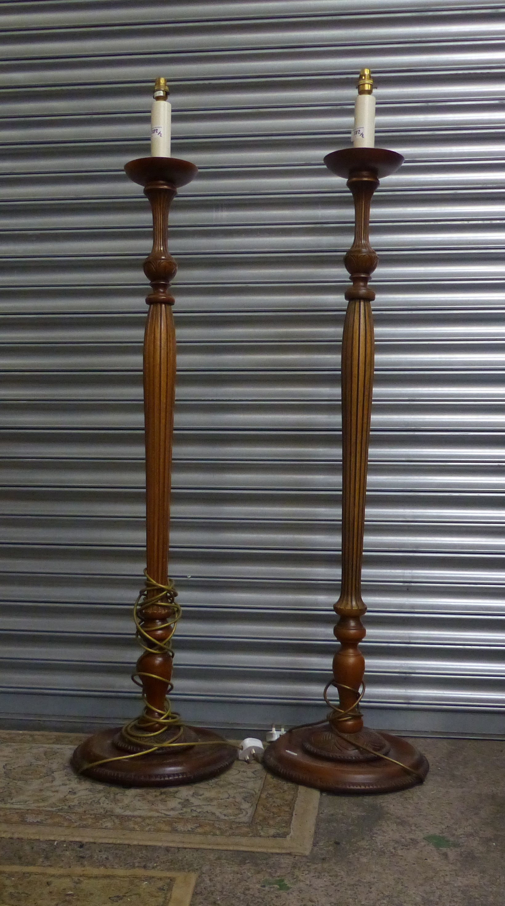 A Pair of Modern Electric Torchere Stands with Fluted Body and Foliate Carved Base. Approx. 145cm