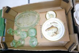 A mixed collection of items to include Art Deco Glass dressing table set, decorative wall plates etc