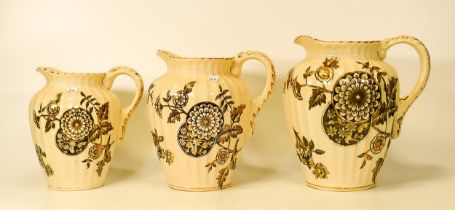 S. F & Co Delhi patterned set of three graduated jugs. Height of tallest 19cm