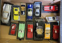A collection of model cars to include Ford Mustang, E tpye Jaguar, Chevloret Corvet etc most of