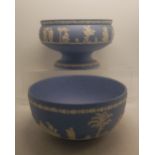 Wedgwood Blue Jasperware Footed Bowl & smaller fruit bowl, diameter of largest 21cm (chip noted to