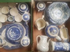 Blue and white ceramic items to include tea pots, plates, jugs & Burleigh ware calico bowl & myatt