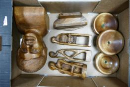 A Collection of carved wooded items including bust, bowls, modernist figures etc