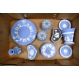 A collection of Wedgwood Blue Jasperware including pin dishes, lidded boxes, vases etc (some damages