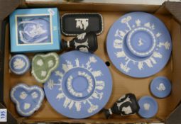 A collection of Wedgwood jasper ware to include bud vases, plates, pin dishes, boxed plaque etc (
