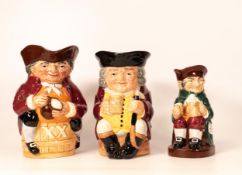 Royal Doulton Toby Jugs Toby XX & Jolly Toby & smaller Old Charlie, tallest 27cm(3)
