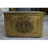 Brass Plated Log Box with raised decoration showing an external Jovial Tavern Scene