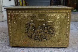 Brass Plated Log Box with raised decoration showing an external Jovial Tavern Scene