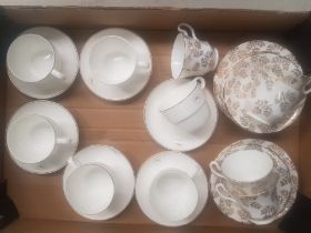 6 Wedgwood Quantas cups and saucers together with mid century white and gold tea trios