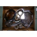 A collection of silver plated & stainless steel items including presentation plaque, serving dishes,