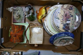 A mixed collection of items to include decorative wall plates, continental figures, Price Kensington