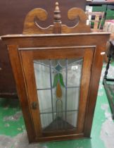 Oak stained glass wall hanging corner cabinet 60cm W