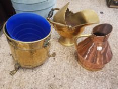 Three Copper and Brass items to include a Brass Coal Bucket with Lion Claw Feet, A Good Quality Coal