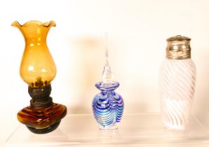 Glass scent bottle together with small oil lamp and talc bottle (3)