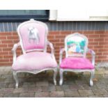 Two Modern Armchairs, Silver with Pink Upholstery. One childs example with Disney Princess back, the