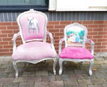 Two Modern Armchairs, Silver with Pink Upholstery. One childs example with Disney Princess back, the