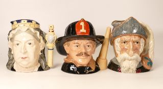 Royal Doulton large character jugs to include Don Quixote D6455, Queen Victoria D6788 & Fireman