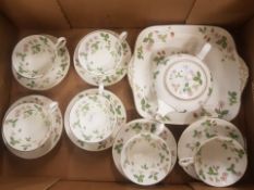 Wedgwood Wild Strawberry tea ware items to include 6 cups, 6 saucers, teapot and a square cake plate