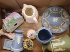 A mixed collection of Wedgwood jasperware items to include wall plates, vases, jug, pin dish