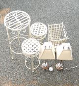 Two Lamps together with three metal plant stands and basket (6)