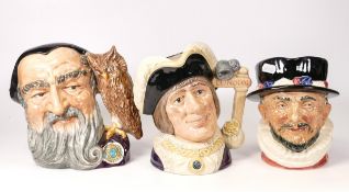 Royal Doulton large character jugs to include Merlin D6529, Dick Whittington D6846 & Beefeater (3)